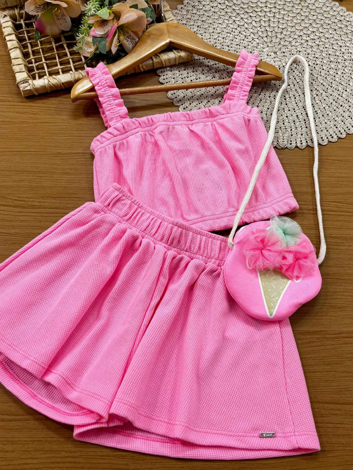 Conjunto Infantil Menina Cinti com Shorts e Blusa Rosa Strass