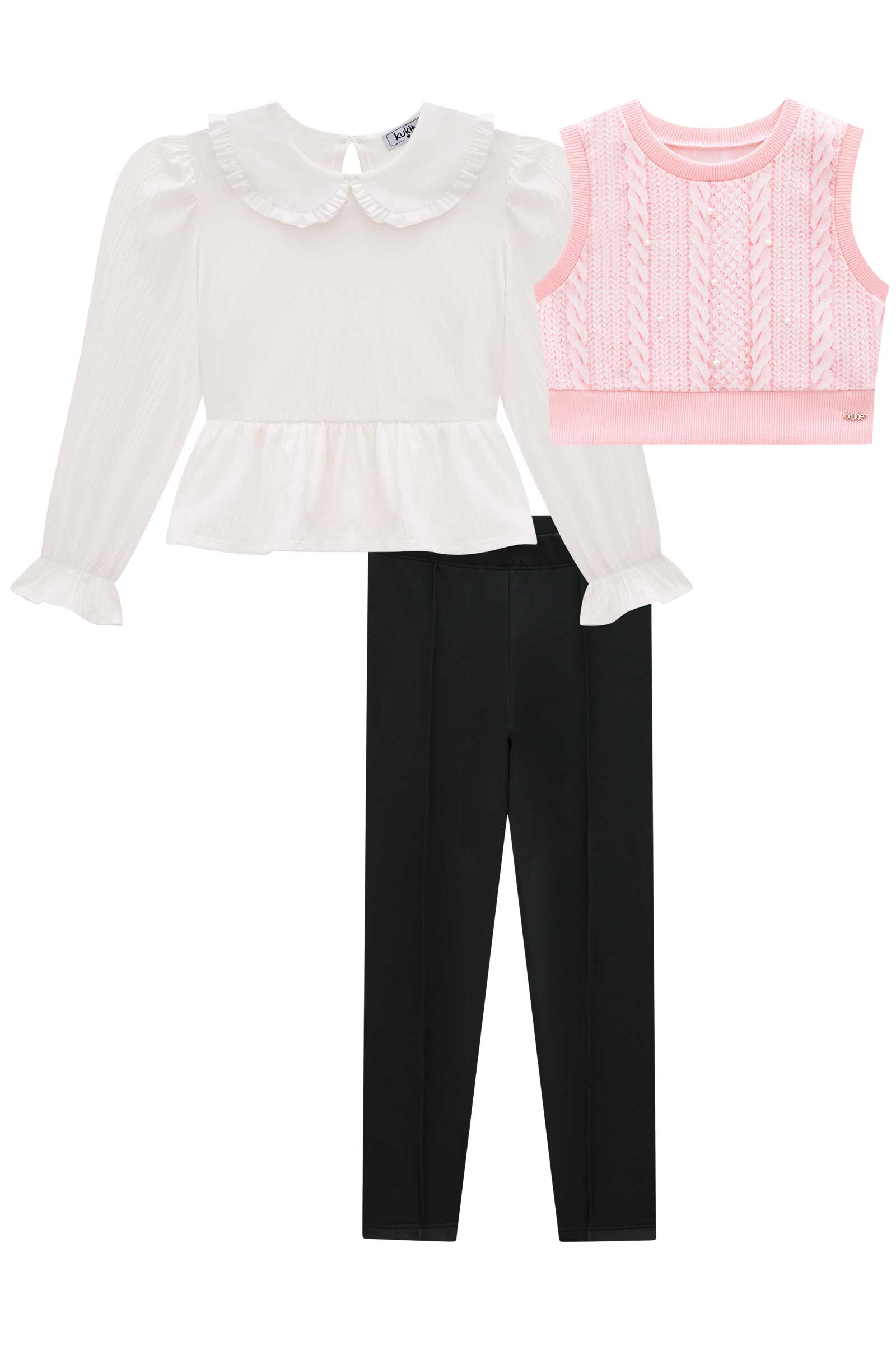 Conjunto Infantil Kukie Inverno Calça e Blusa com Colete Rosa
