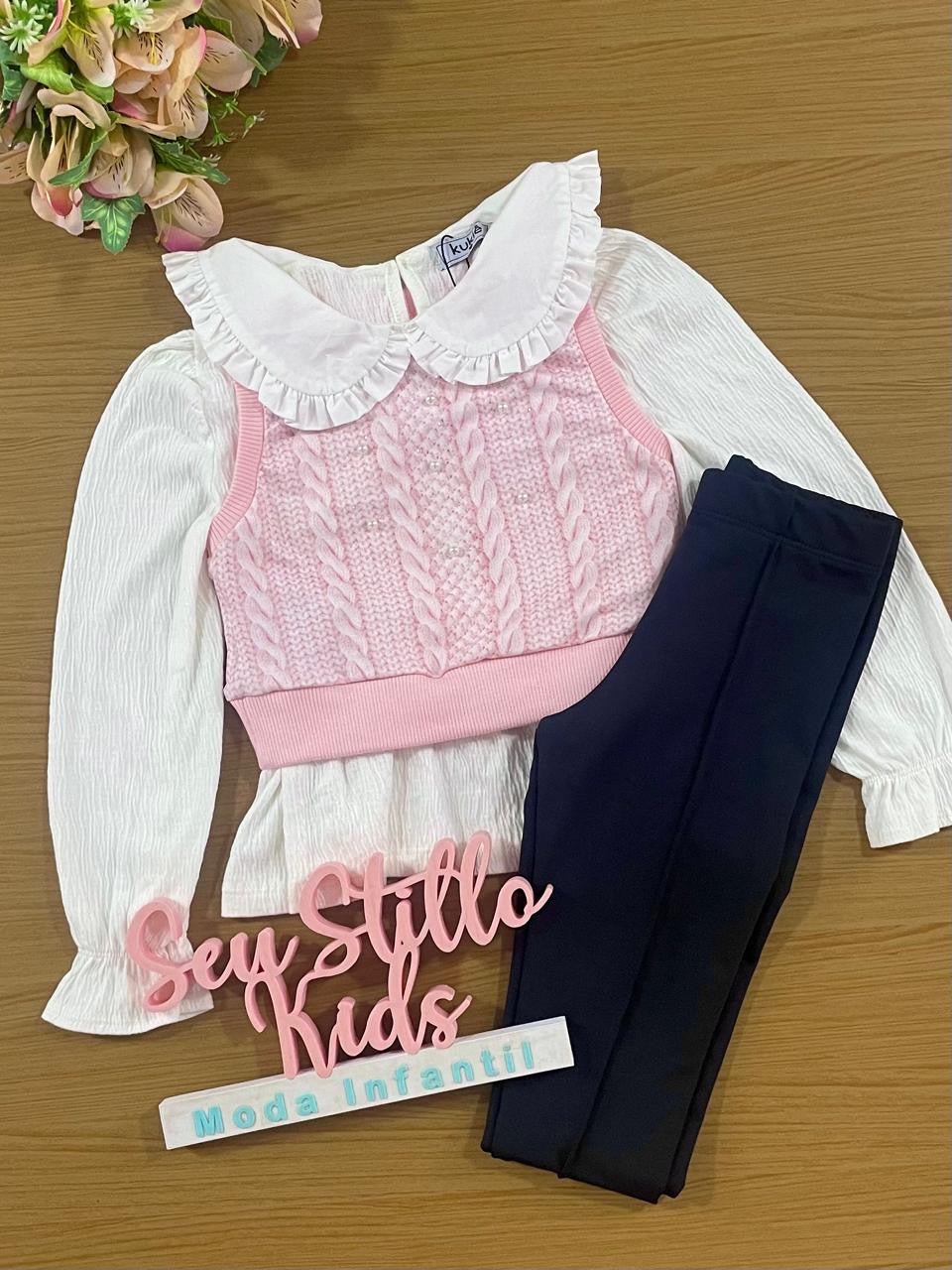Conjunto Infantil Kukie Inverno Calça e Blusa com Colete Rosa