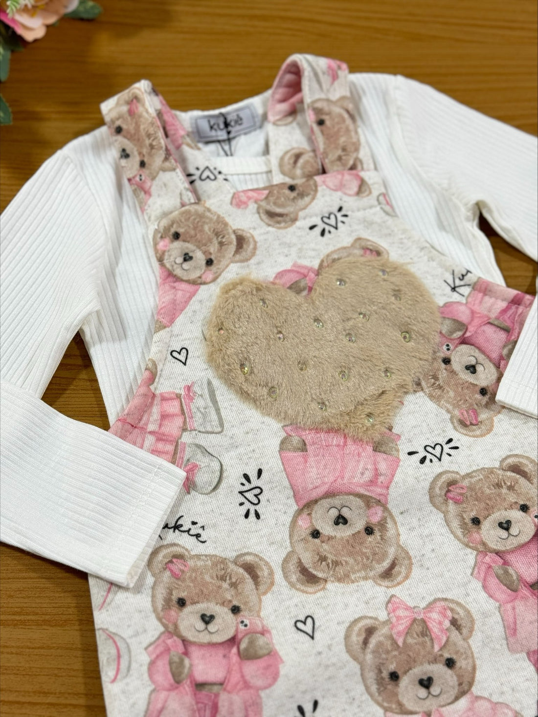 Salopete Infantil Kukie Inverno Ursinha com Blusa Manga Longa