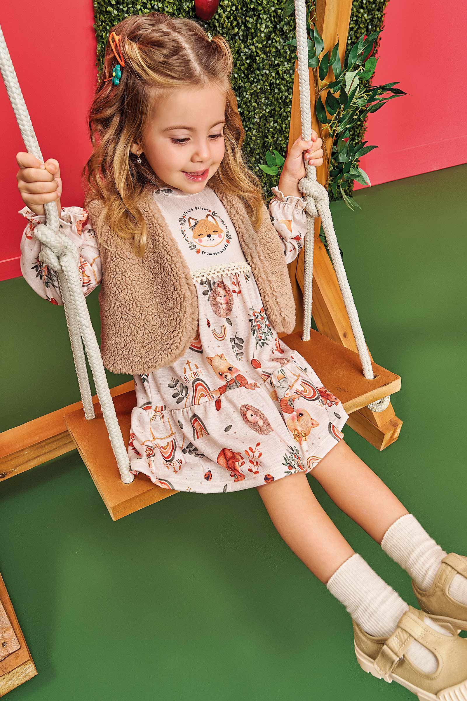 Vestido Infantil Kukie Alecrim Baby Inverno Raposa com Colete
