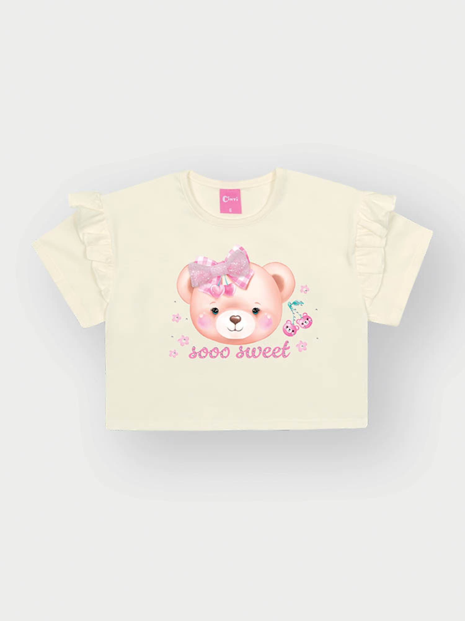 Conjunto Infantil Cinti Verão com Shorts Rosa e Blusa Branca Ursinha Cereja