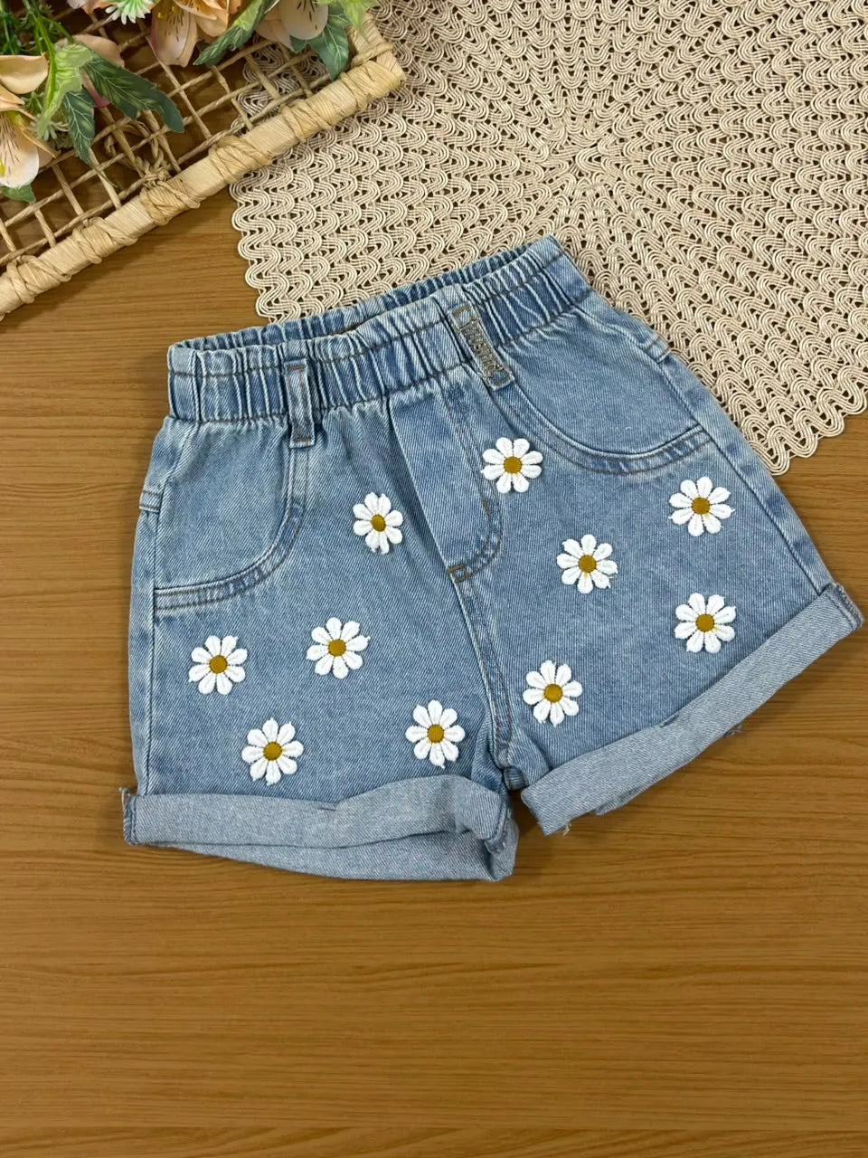 Shorts Jeans Infantil Menina Momi Florzinhas