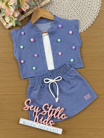 Conjunto Infantil Cinti Verão com Shorts Saia e Cropped com Colete Azul