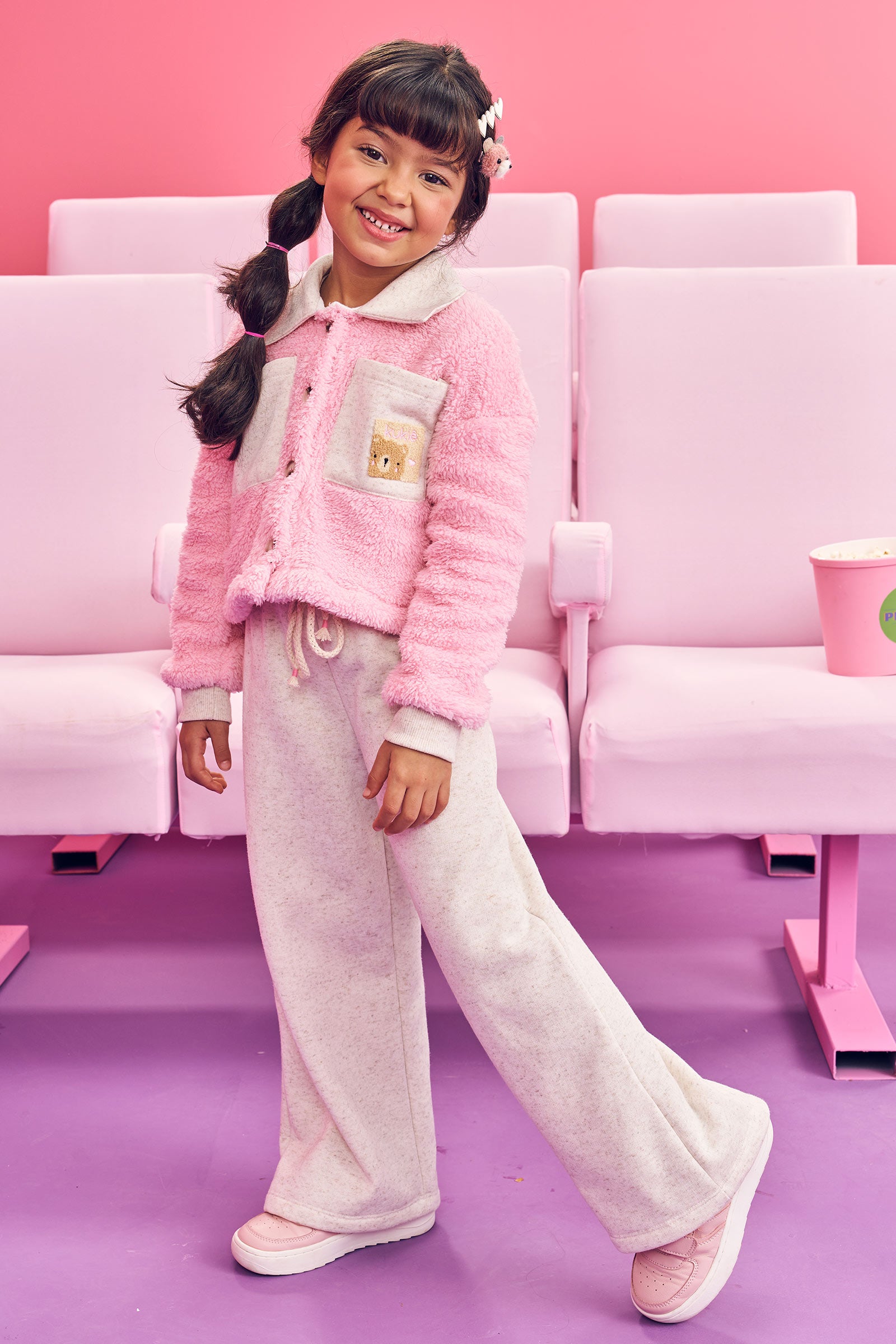 Conjunto Infantil Kukie Inverno Calça Wide Leg e Jaqueta Rosa Ursinho