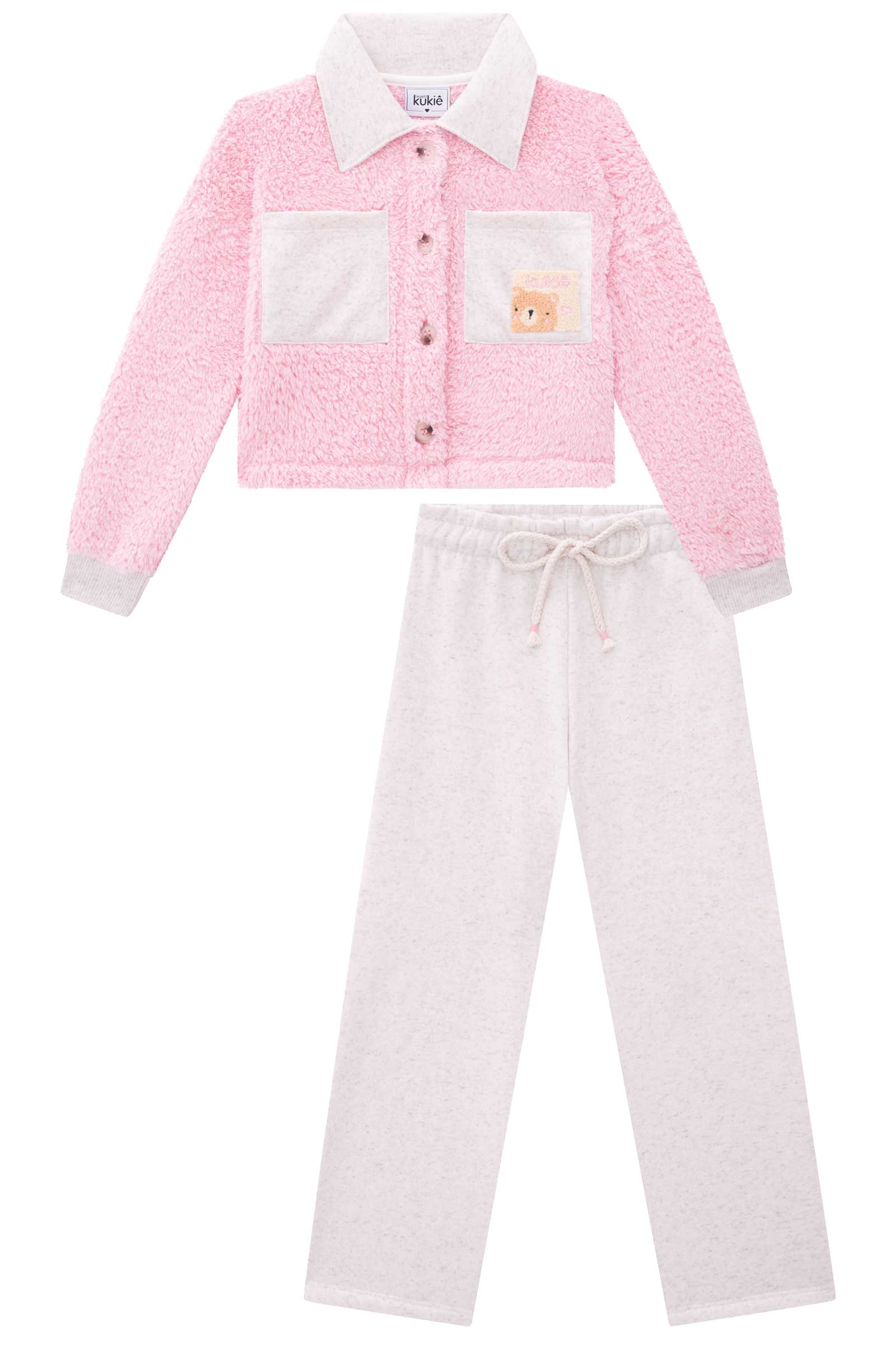 Conjunto Infantil Kukie Inverno Calça Wide Leg e Jaqueta Rosa Ursinho