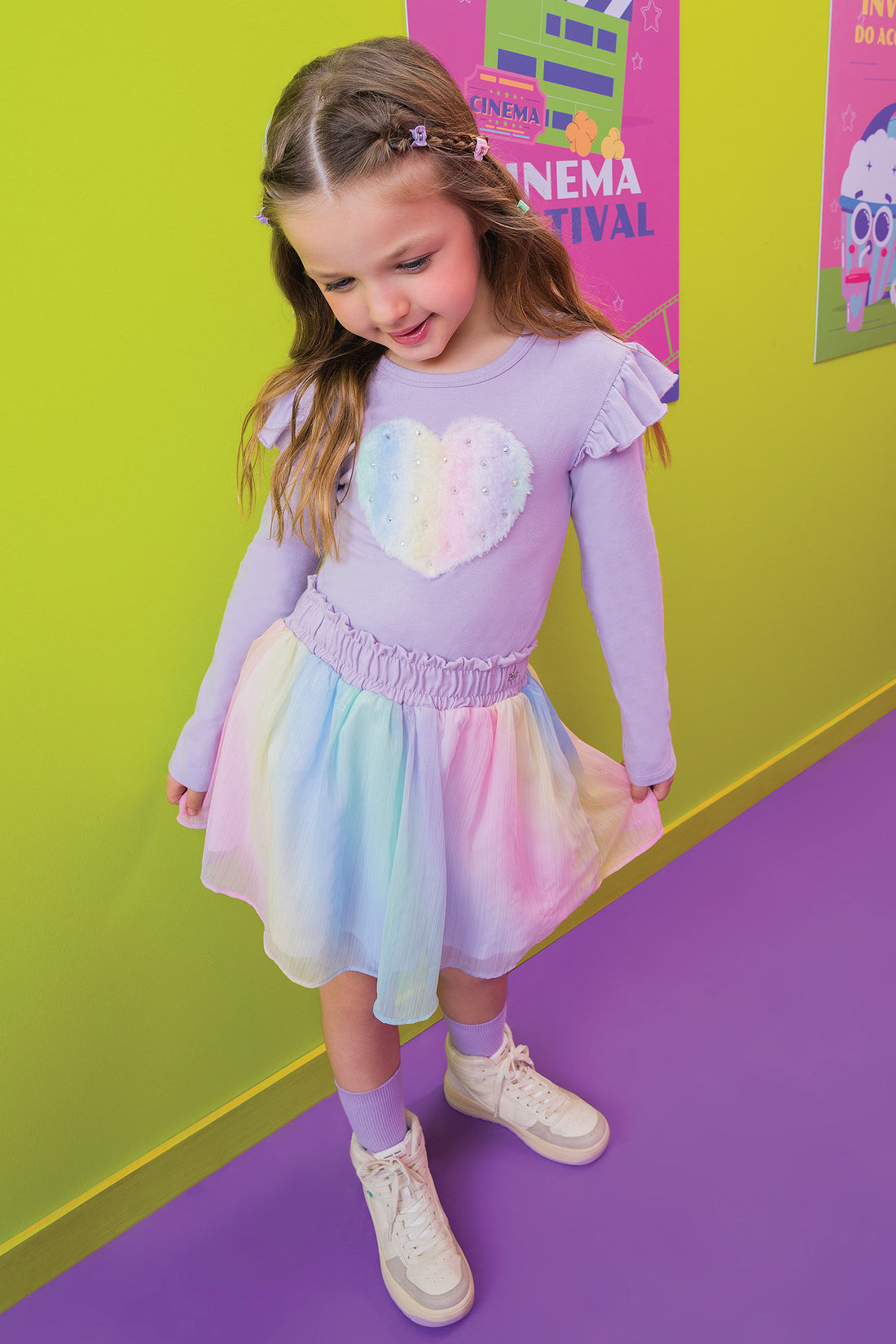 Conjunto Infantil Kukie Inverno Saia Colorida e Blusa Manga Longa Lilás Coração