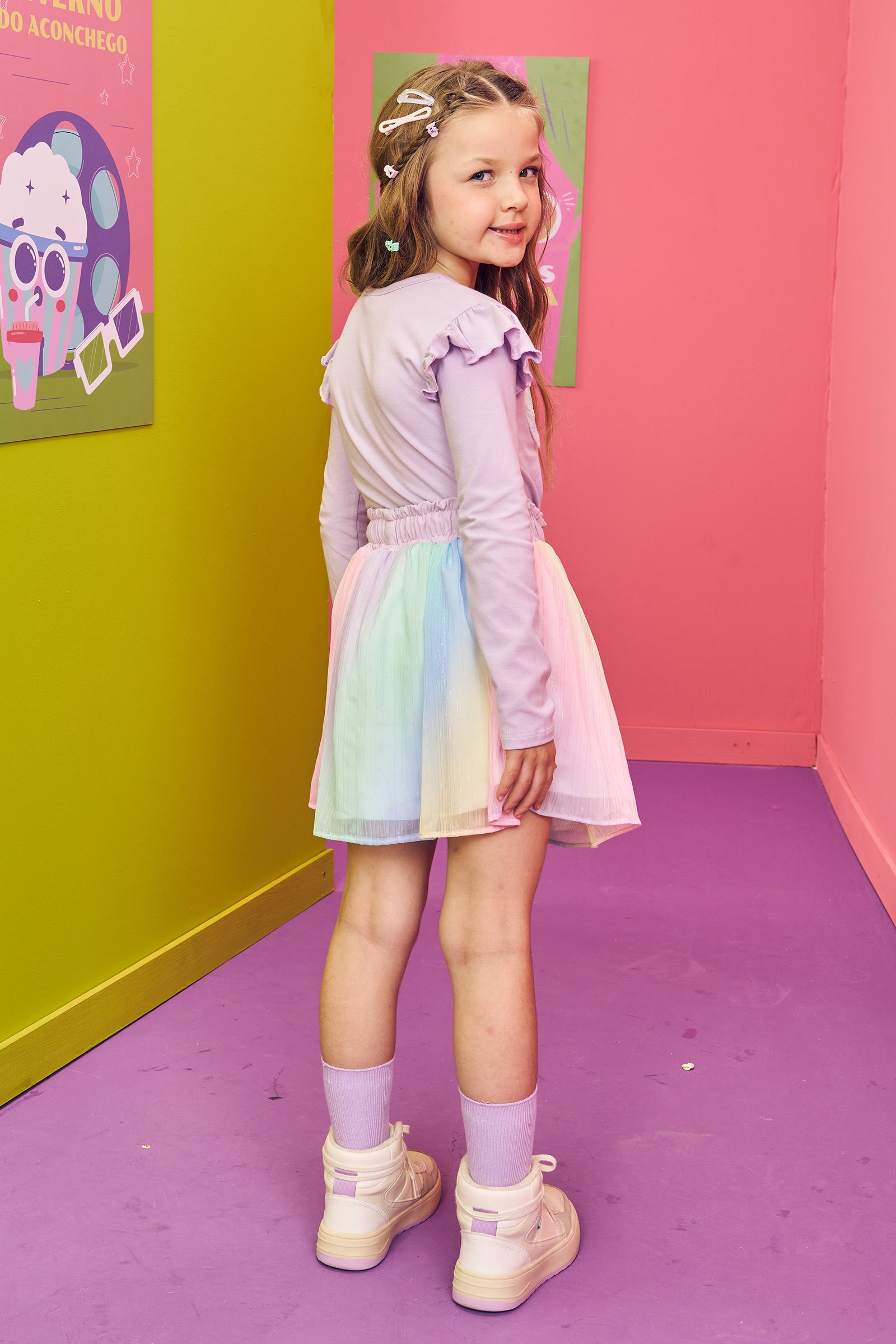 Conjunto Infantil Kukie Inverno Saia Colorida e Blusa Manga Longa Lilás Coração