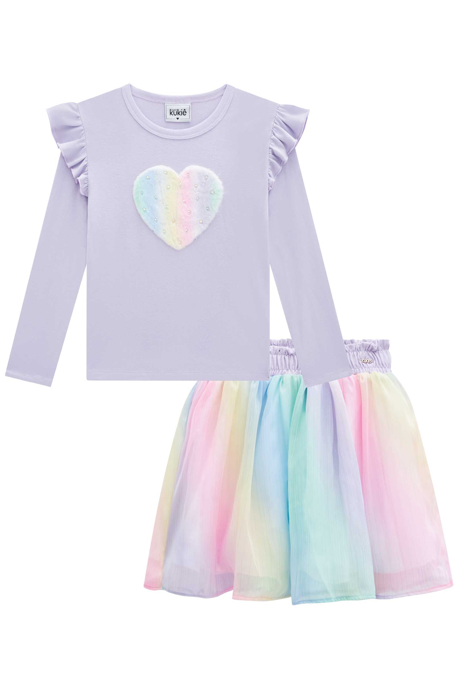 Conjunto Infantil Kukie Inverno Saia Colorida e Blusa Manga Longa Lilás Coração