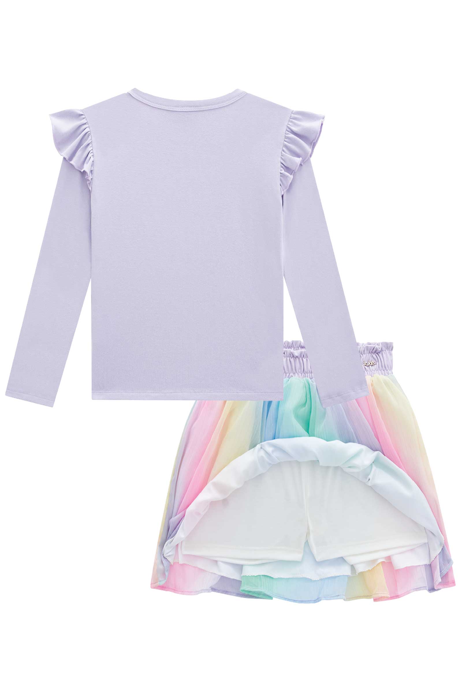 Conjunto Infantil Kukie Inverno Saia Colorida e Blusa Manga Longa Lilás Coração