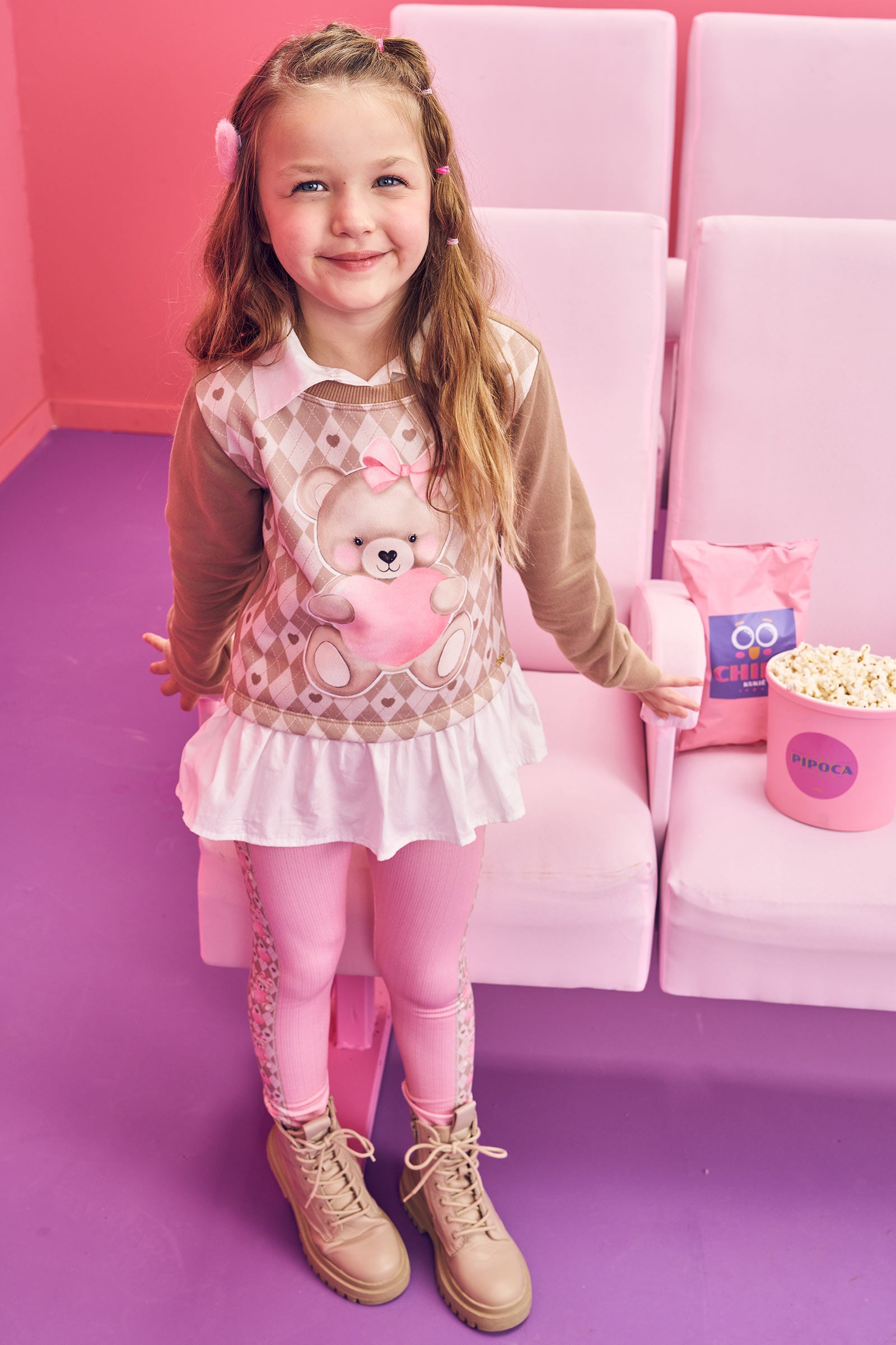 Conjunto Infantil Kukie Inverno Calça Rosa e Moletom Peluciado Ursinha