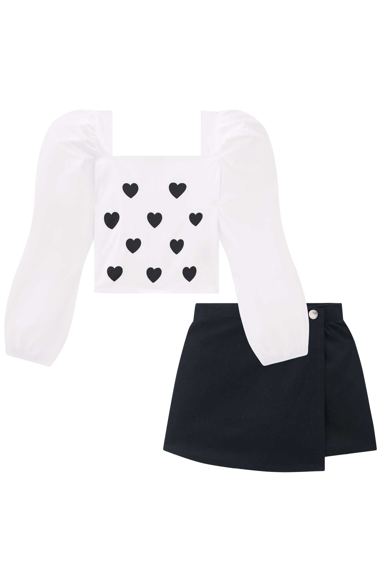 Conjunto Infantil Kukie Alecrim Inverno Shorts Saia Preto e Cropped Manga Longa Corações