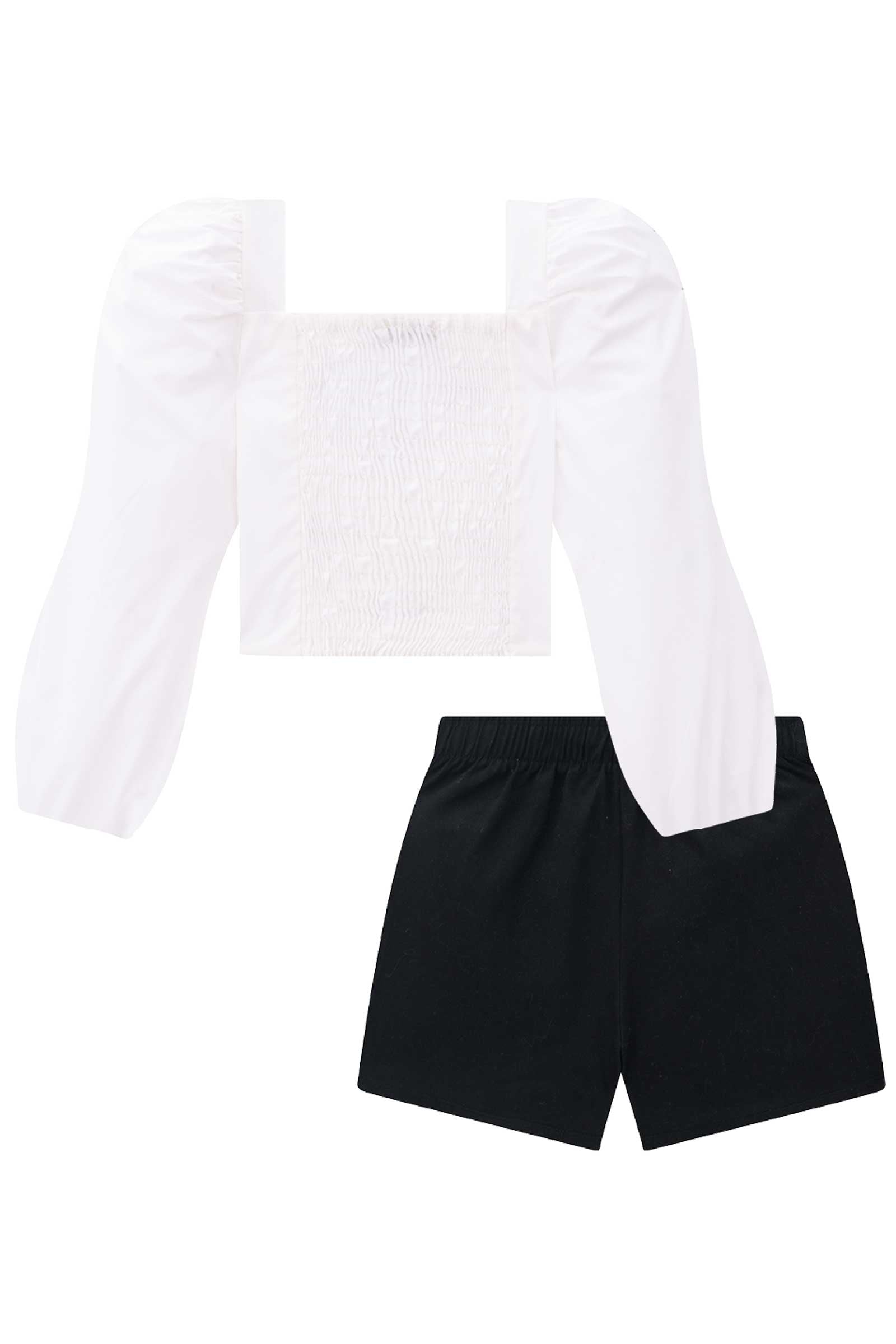Conjunto Infantil Kukie Alecrim Inverno Shorts Saia Preto e Cropped Manga Longa Corações