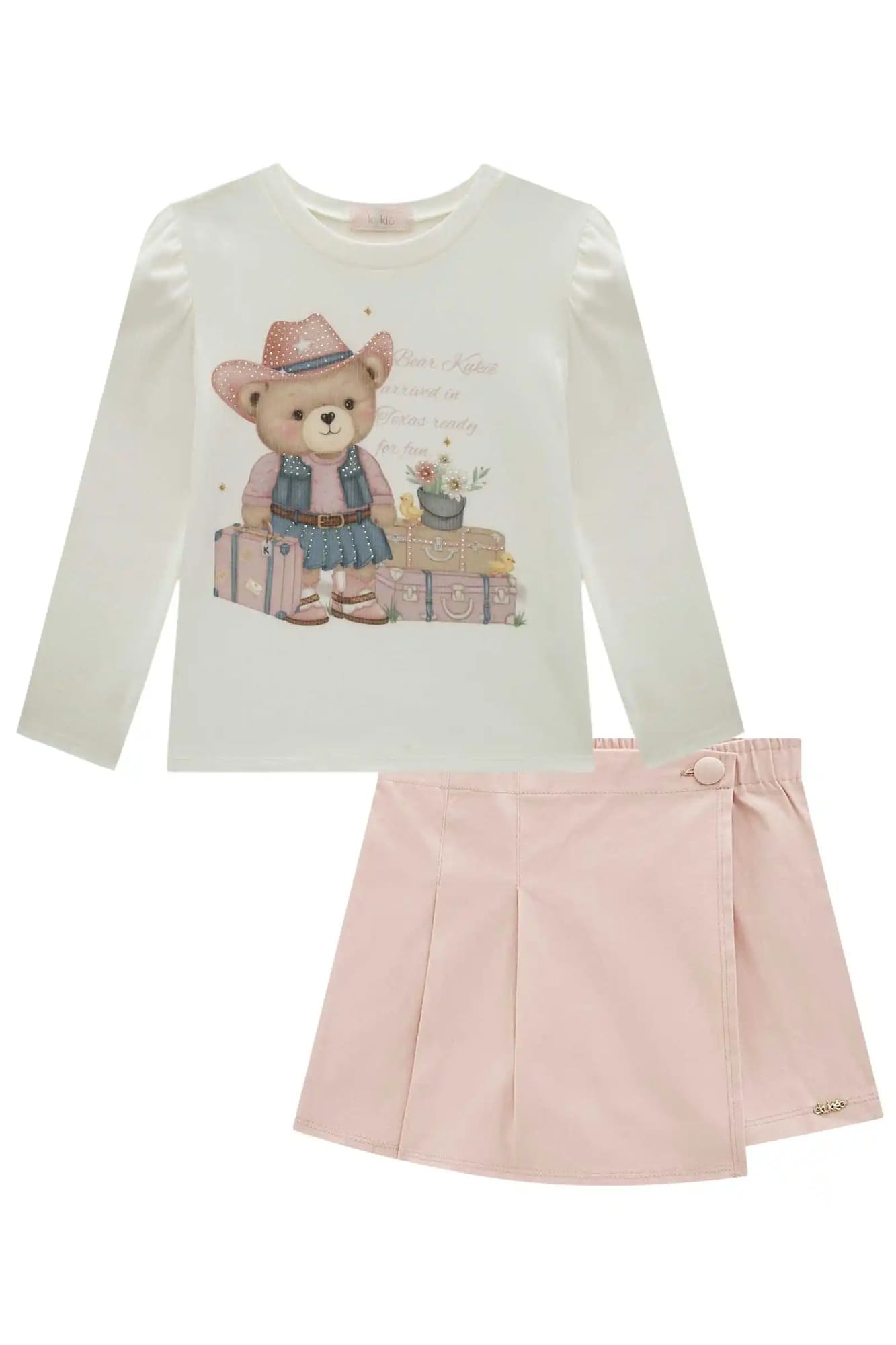 Conjunto Infantil Kukiê Inverno com Short-Saia Rosa e Blusa Manga Longa Ursinha Country