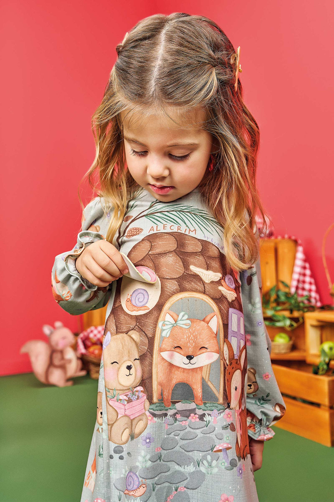 Vestido Infantil Kukie Alecrim Baby Inverno  Verde Animais