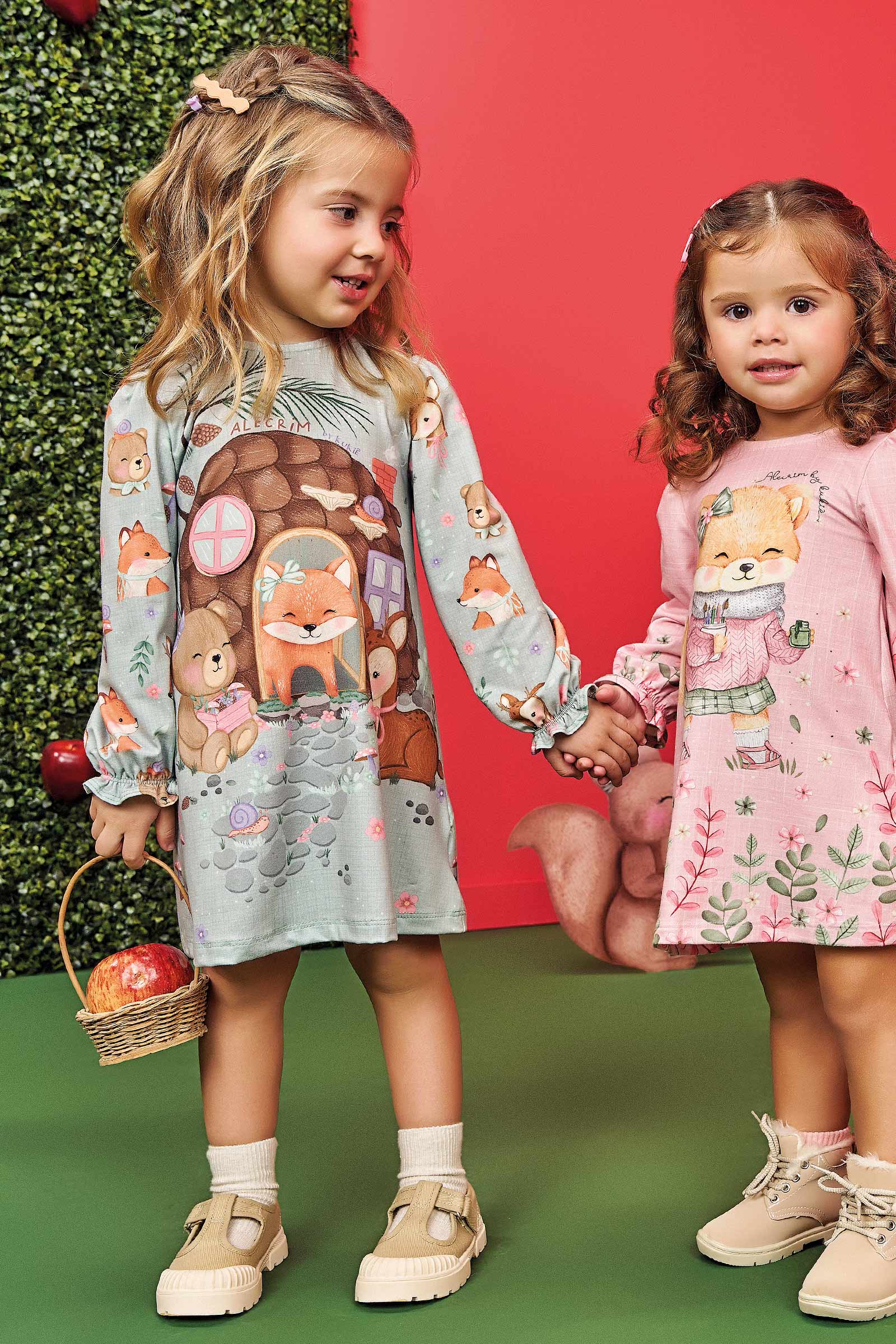 Vestido Infantil Kukie Alecrim Baby Inverno  Verde Animais