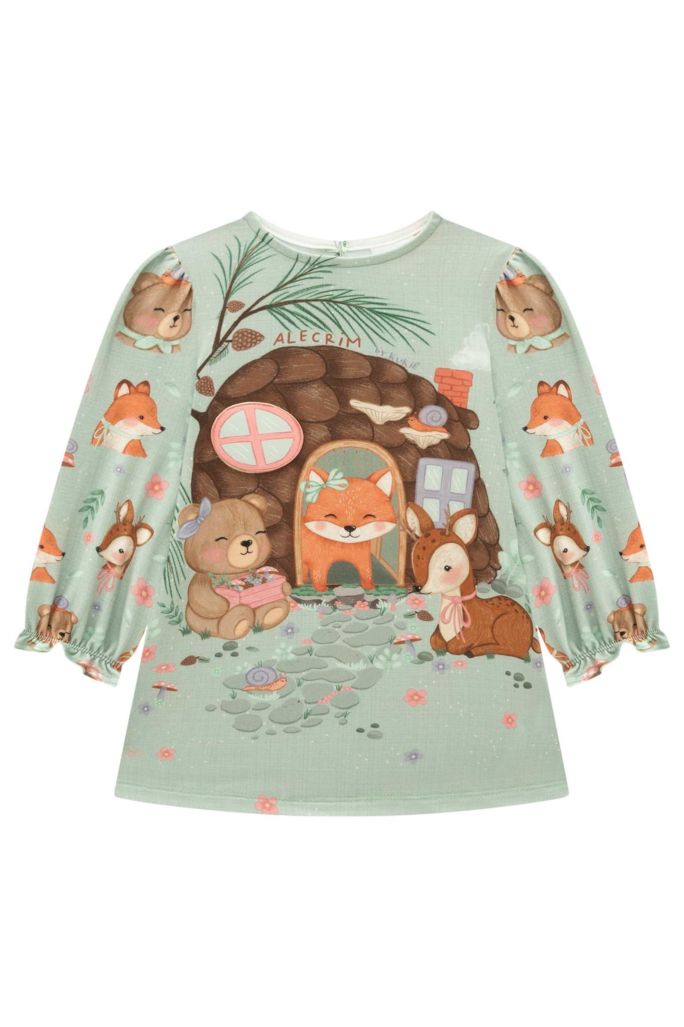 Vestido Infantil Kukie Alecrim Baby Inverno  Verde Animais