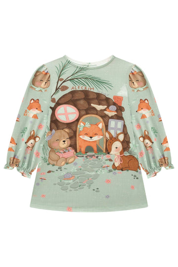 Vestido Infantil Kukie Alecrim Baby Inverno  Verde Animais