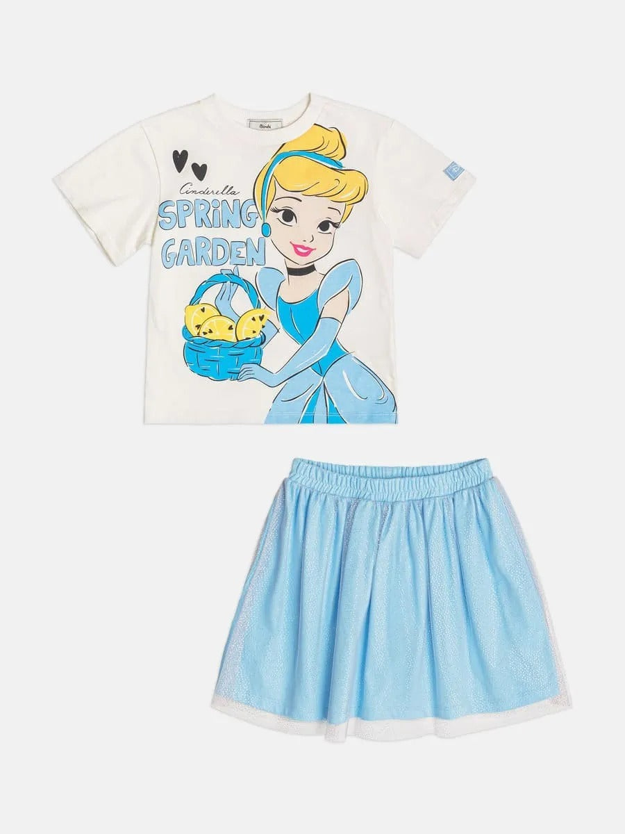 Conjunto Infantil Menina Bimbi com Saia Azul Tule e Blusa Branca Cinderella Disney