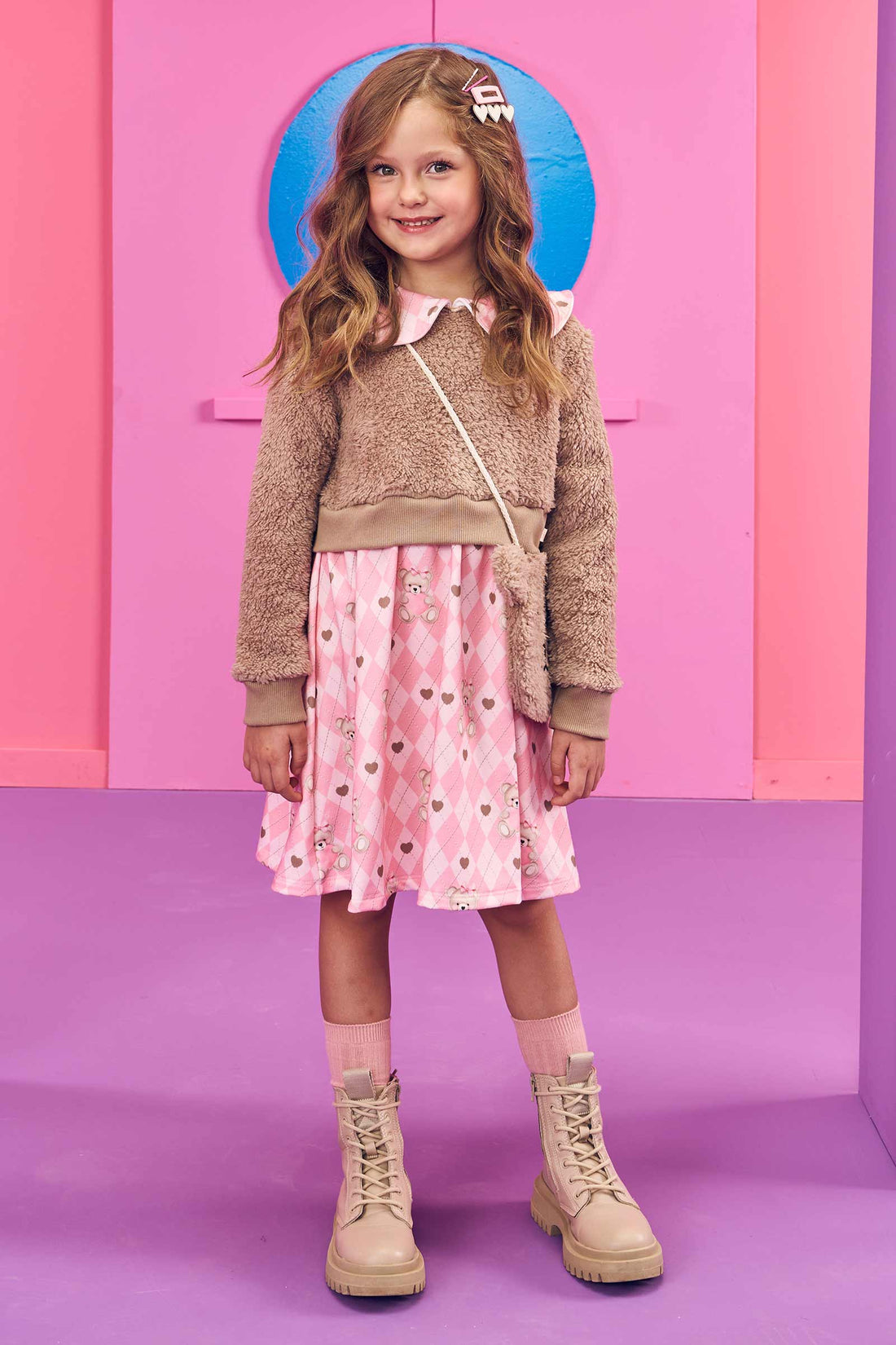 Vestido Infantil Kukie Inverno Ursinha com Bolsinha Marrom