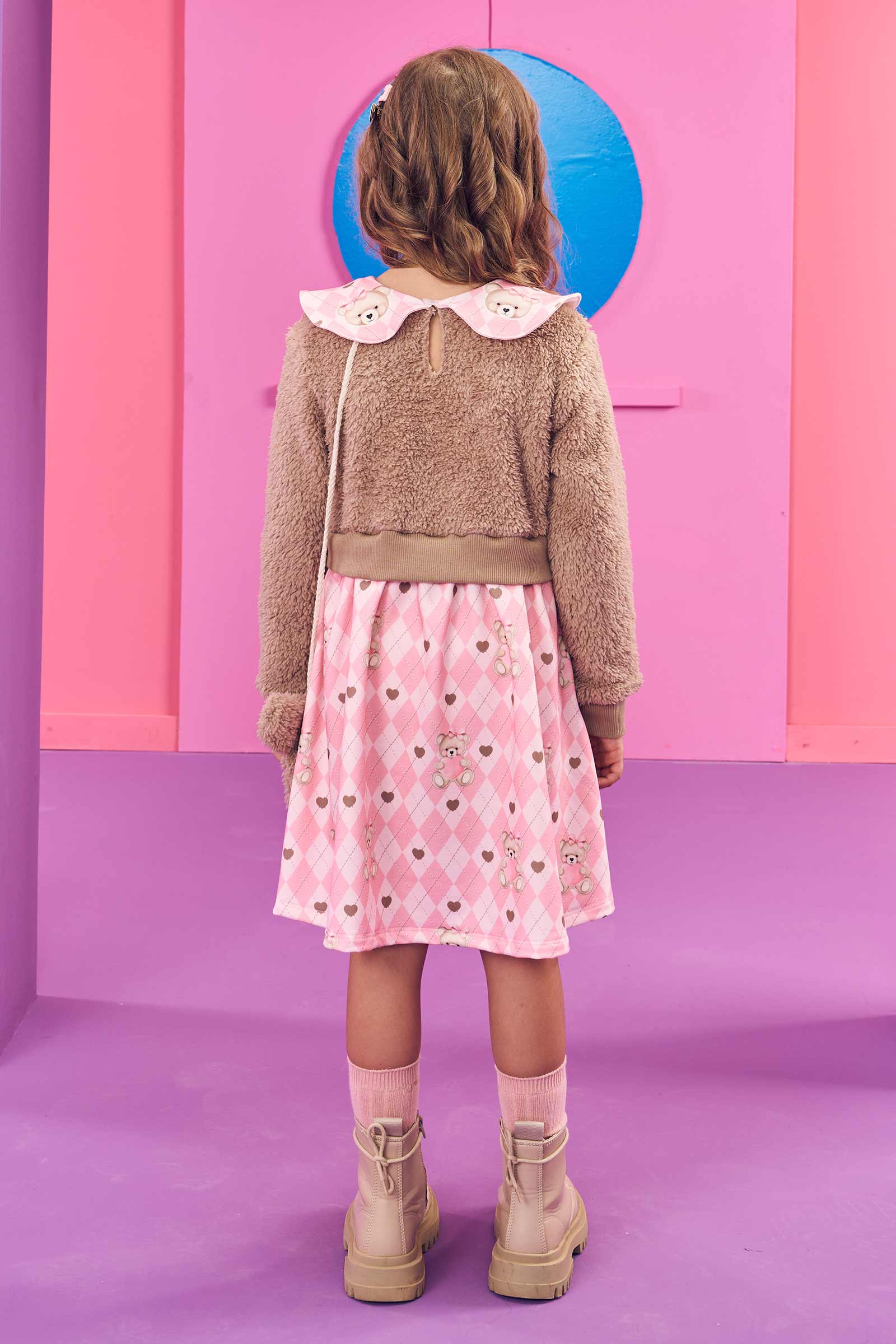 Vestido Infantil Kukie Inverno Ursinha com Bolsinha Marrom