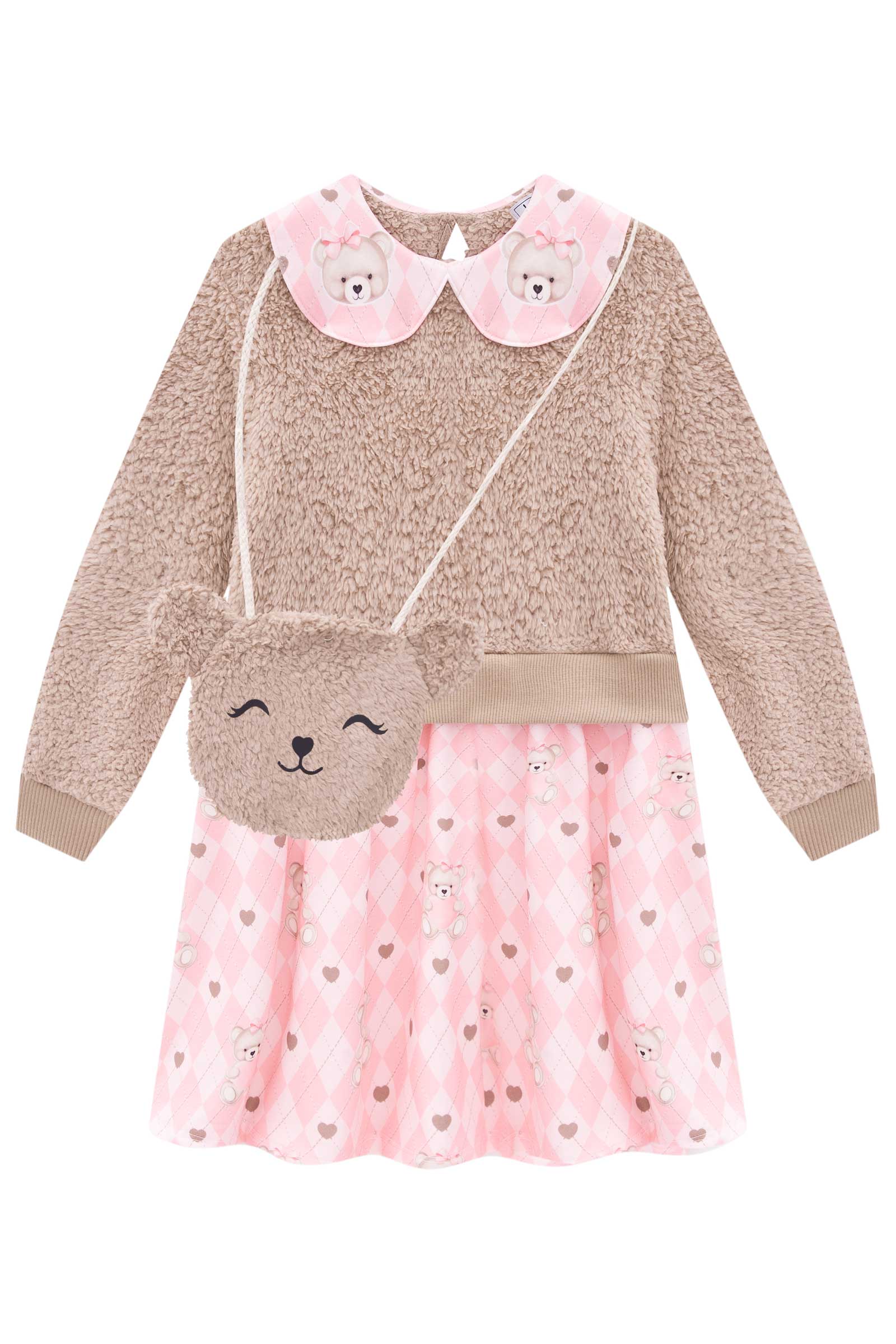 Vestido Infantil Kukie Inverno Ursinha com Bolsinha Marrom