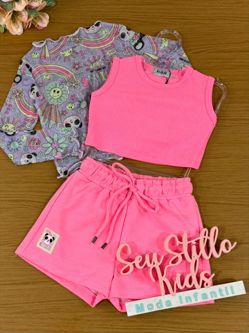 Conjunto Infantil Kukie Inverno Shorts, Top e Sobreposição Panda