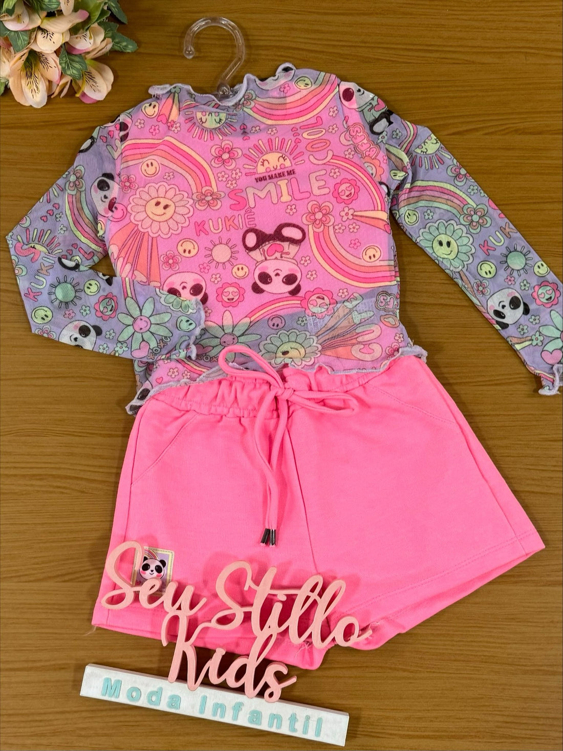 Conjunto Infantil Kukie Inverno Shorts, Top e Sobreposição Panda