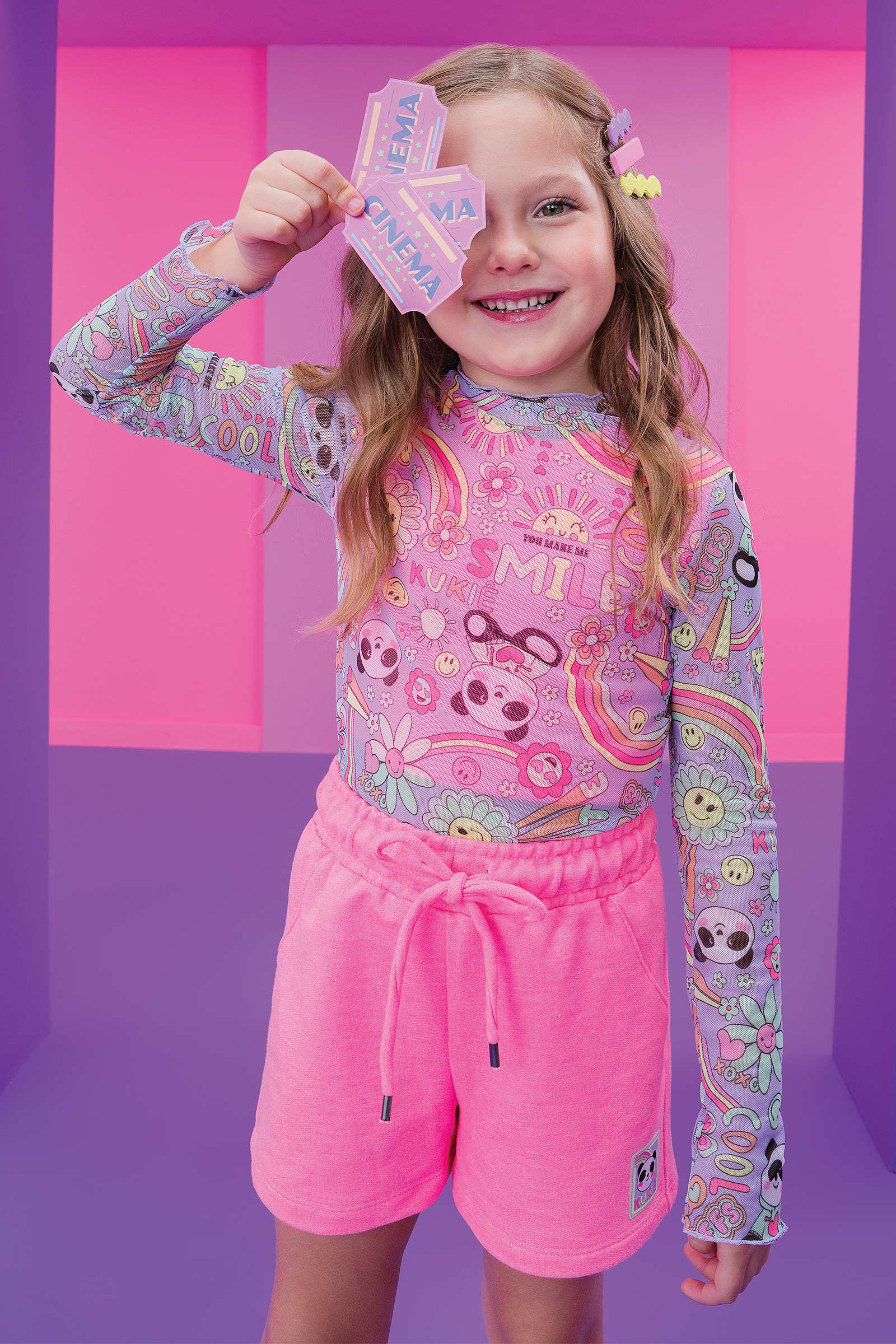 Conjunto Infantil Kukie Inverno Shorts, Top e Sobreposição Panda