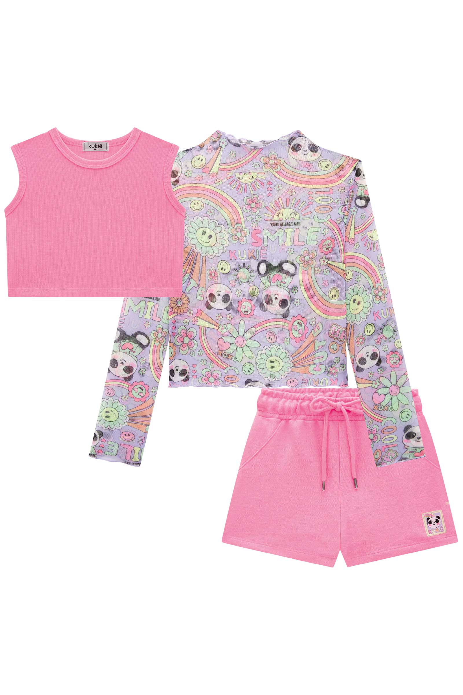 Conjunto Infantil Kukie Inverno Shorts, Top e Sobreposição Panda