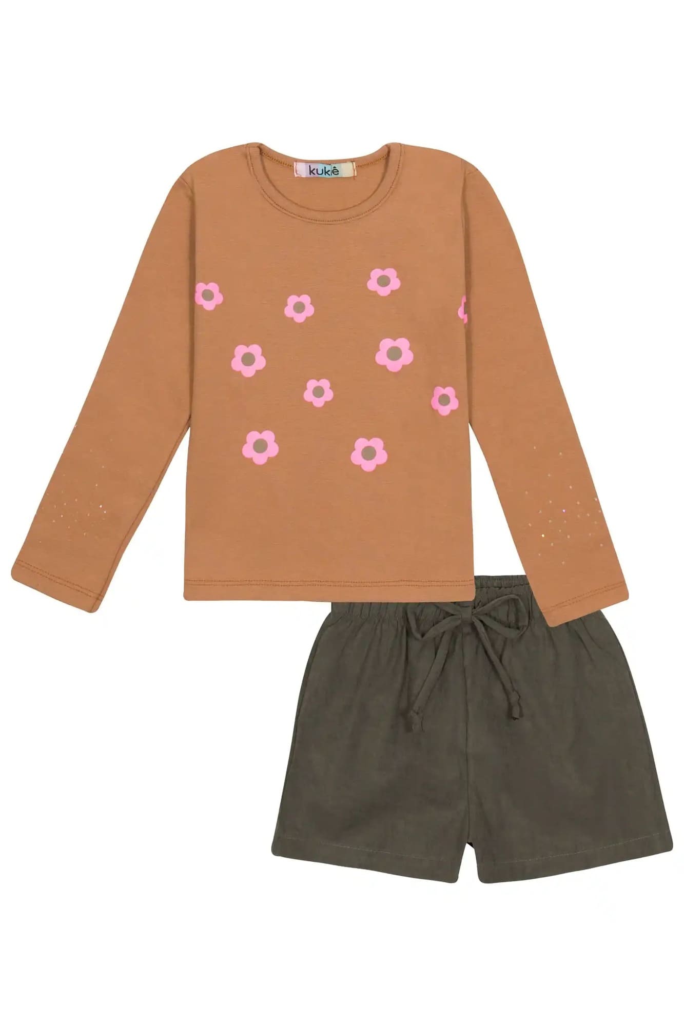 Conjunto Infantil Kukiê Inverno com Shorts Verde e Blusa Manga Longa Marrom Floral