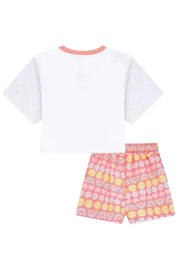 Conjunto Infantil Menina Kukiê com Shorts Saia e Blusa Branca Florzinha Emoji