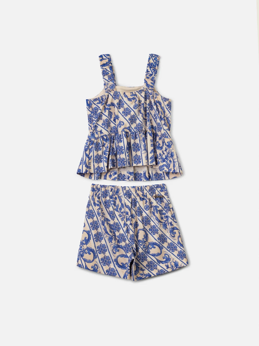 Conjunto Infantil Menina Animê com Shorts e Blusa Azul Floral