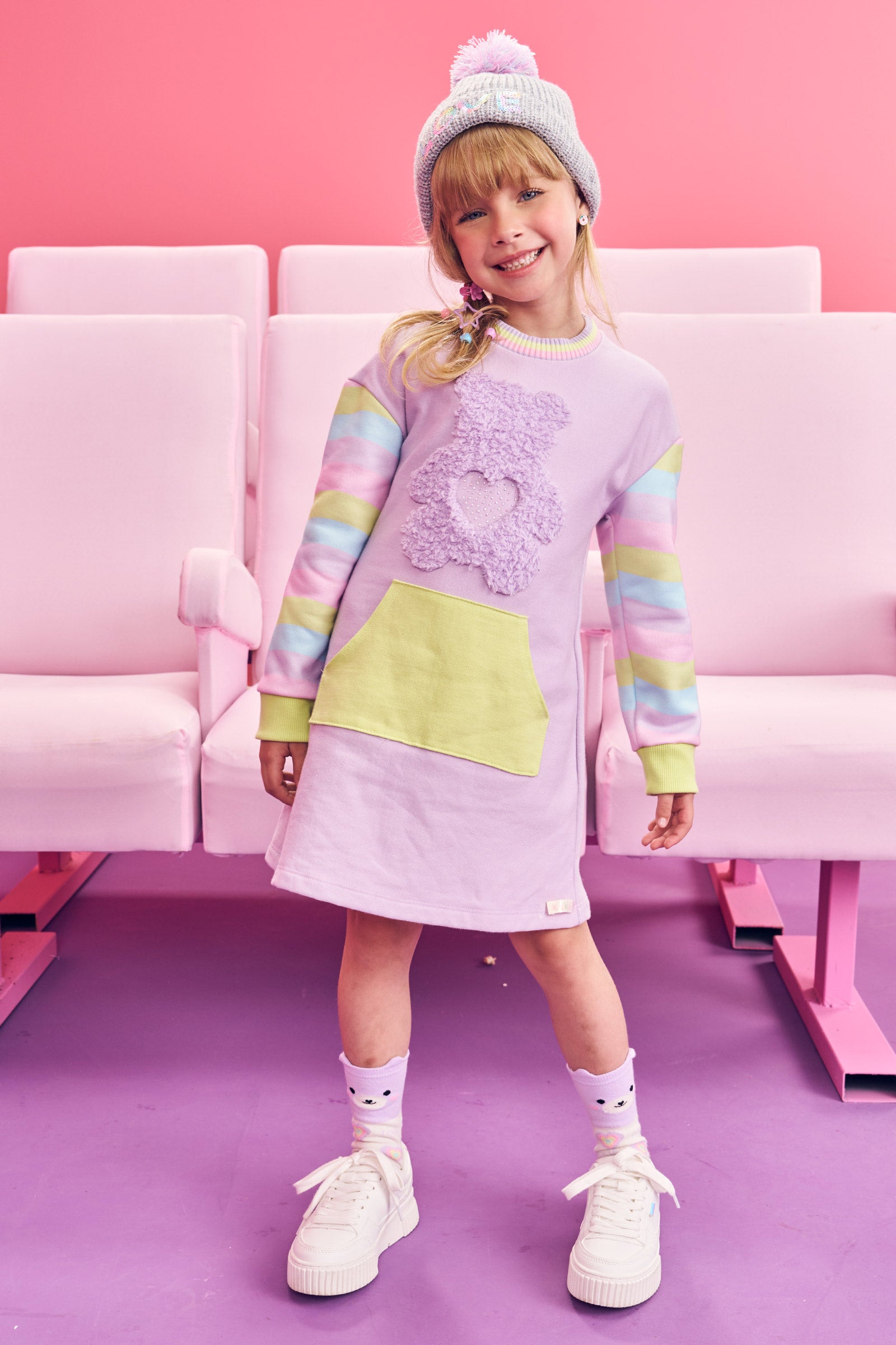 Vestido Infantil Kukie Inverno Moletom Ursinho Lilás