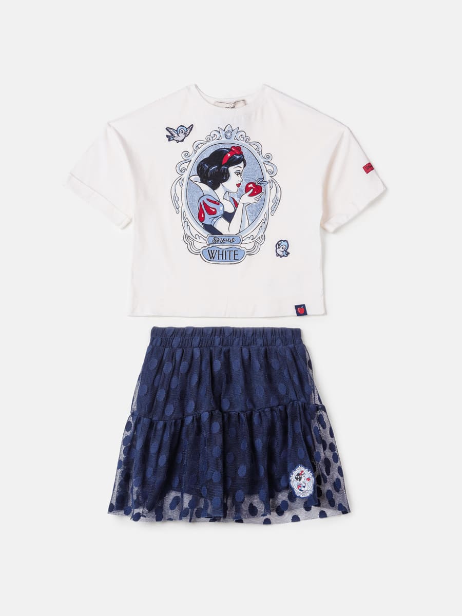Conjunto Infantil Animê Saia Tule e Blusa Manga Curta Branca de Neve Disney