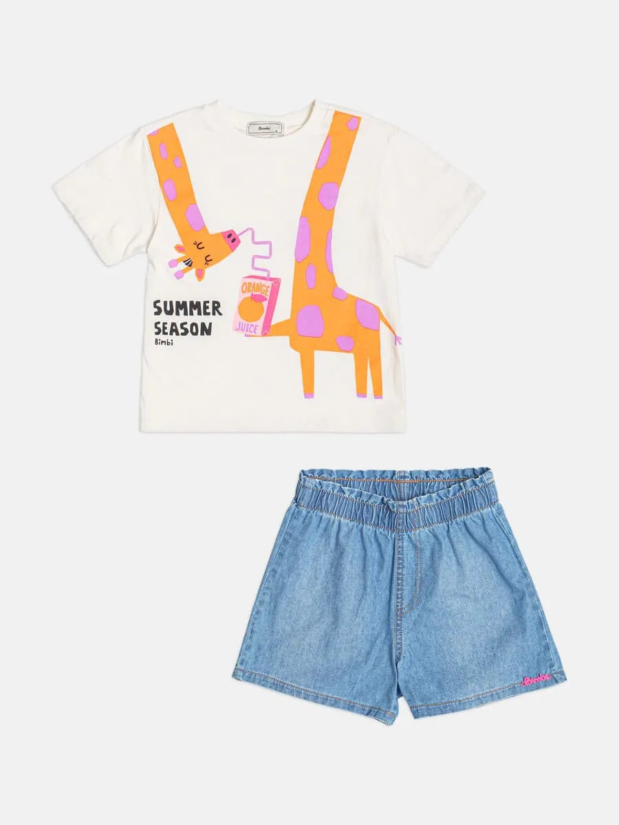 Conjunto Infantil Menina Bimbi com Shorts Jeans e Blusa Branca Girafinha