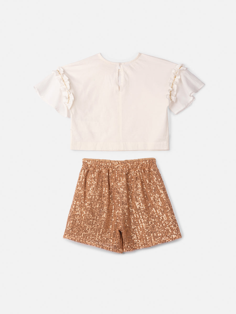 Conjunto Infantil Animê Verão Blusa Off White e Shorts Marrom Paetê Laço