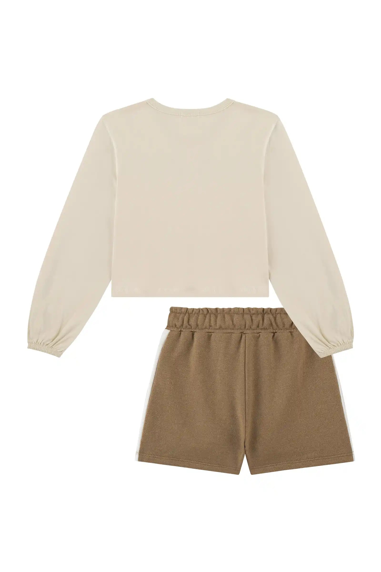 Conjunto Infantil Kukiê Inverno com Shorts Marrom e Blusa Manga Longa Florzinha