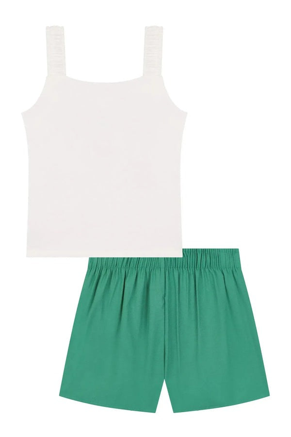 Conjunto Infantil Kukiê Verão com Shorts Saia Verde e Blusa Branca Ursinha na Praia
