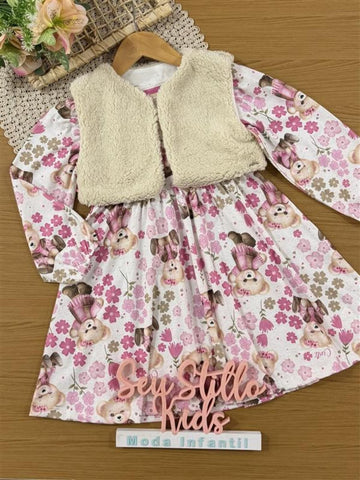Vestido Infantil Cinti Inverno Off White com Colete Ursinha Floral