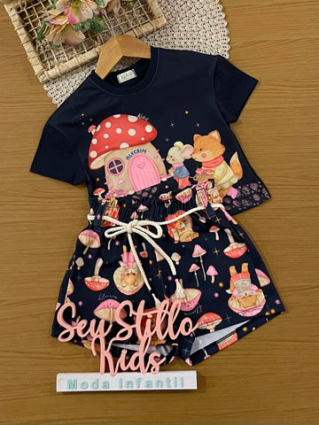 Conjunto Infantil Kukiê Inverno com Shorts e Blusa Manga Curta Azul Marinho Casinha Cogumelo