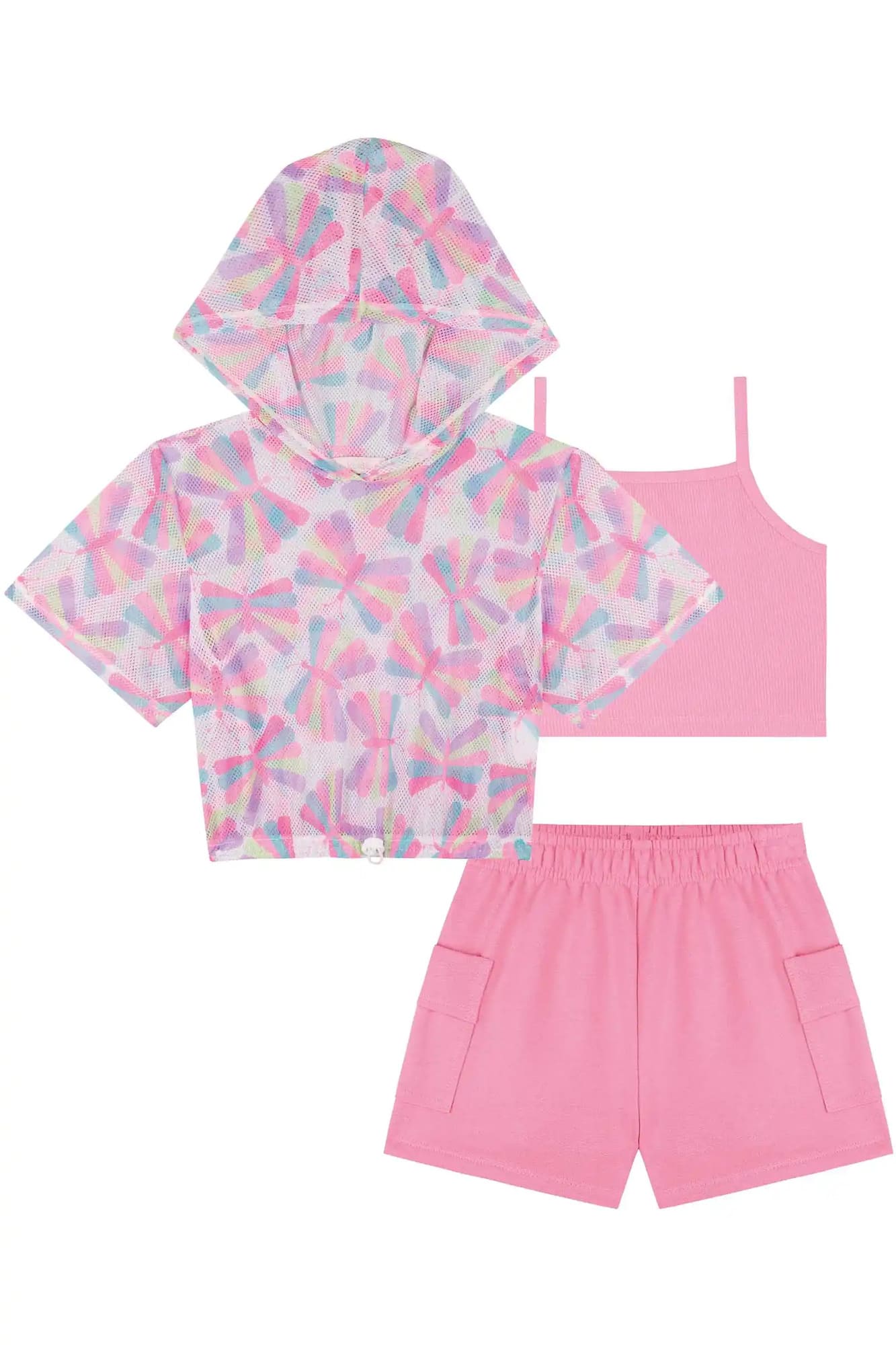 Conjunto Infantil Kukiê Verão com Shorts, Cropped Rosa e Sobreposição em Tule Borboleta