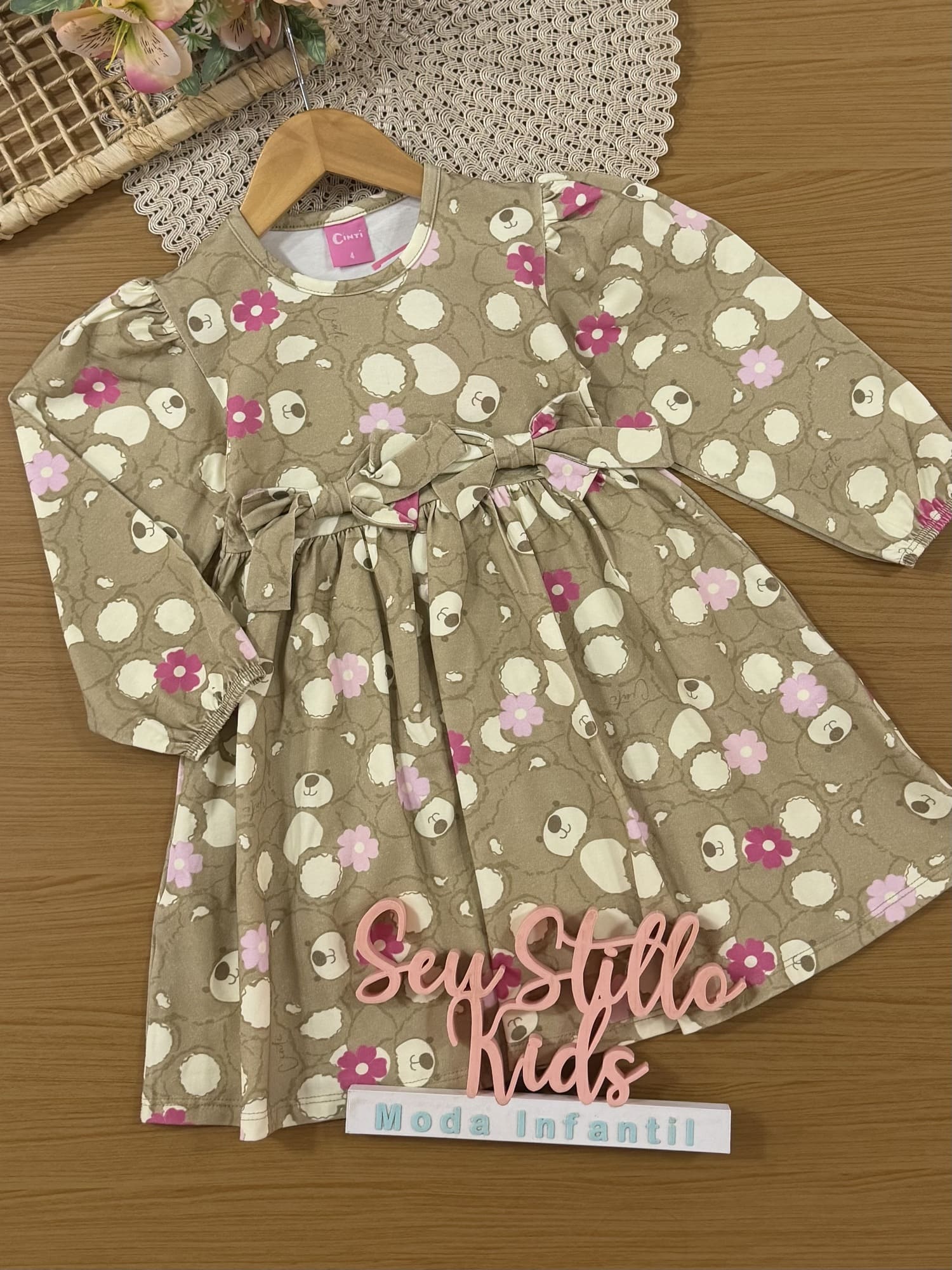 Vestido Infantil Cinti Inverno Manga Longa Bege Ursinho Laços