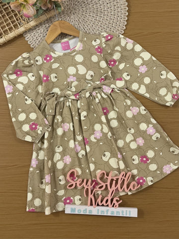 Vestido Infantil Cinti Inverno Manga Longa Bege Ursinho Laços