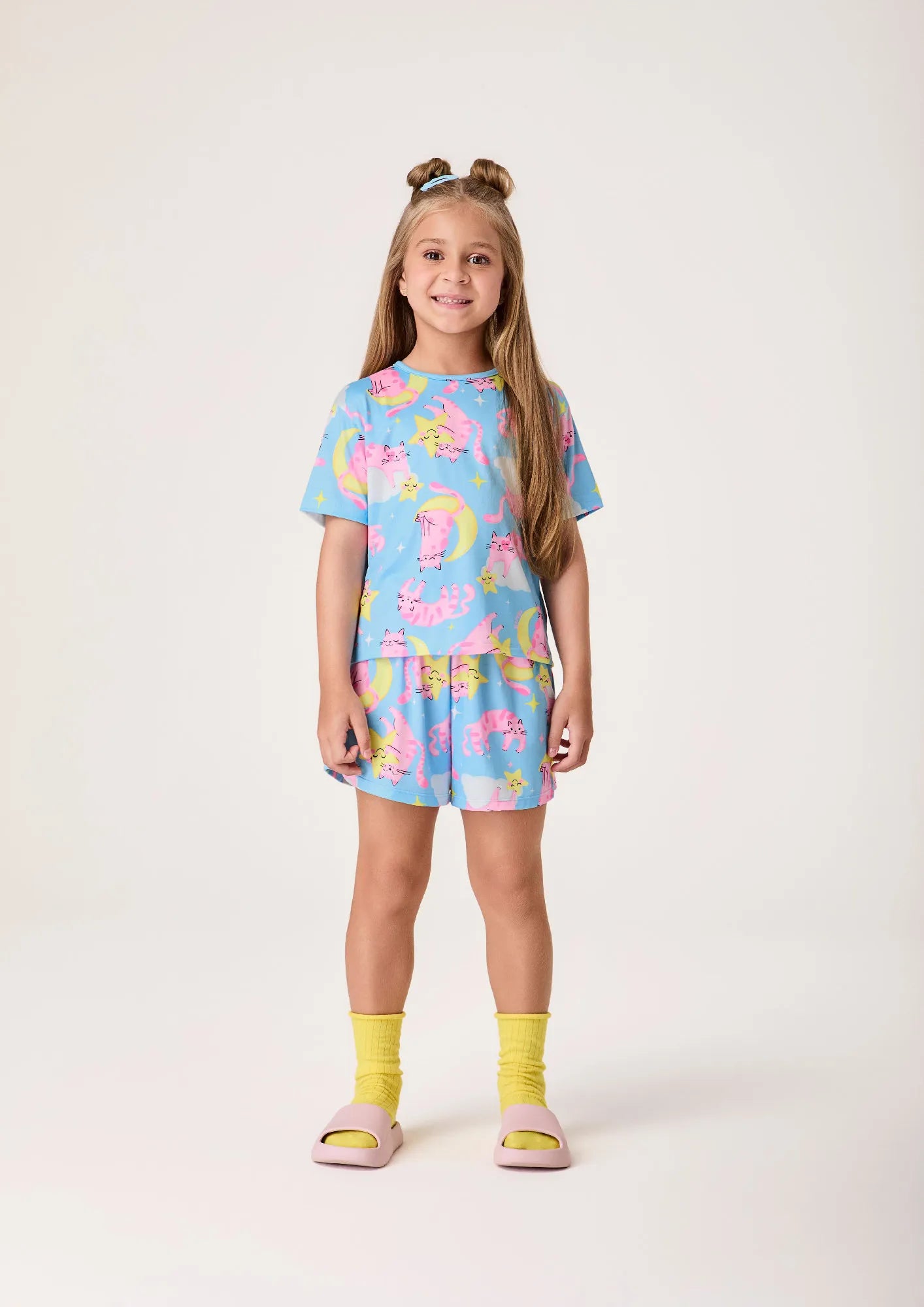 Pijama Infantil Menina Bimbi com Shorts e Blusa Azul Gatinhos