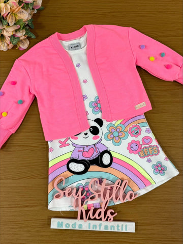 Vestido Infantil Kukie Inverno Branco Panda com Casaco