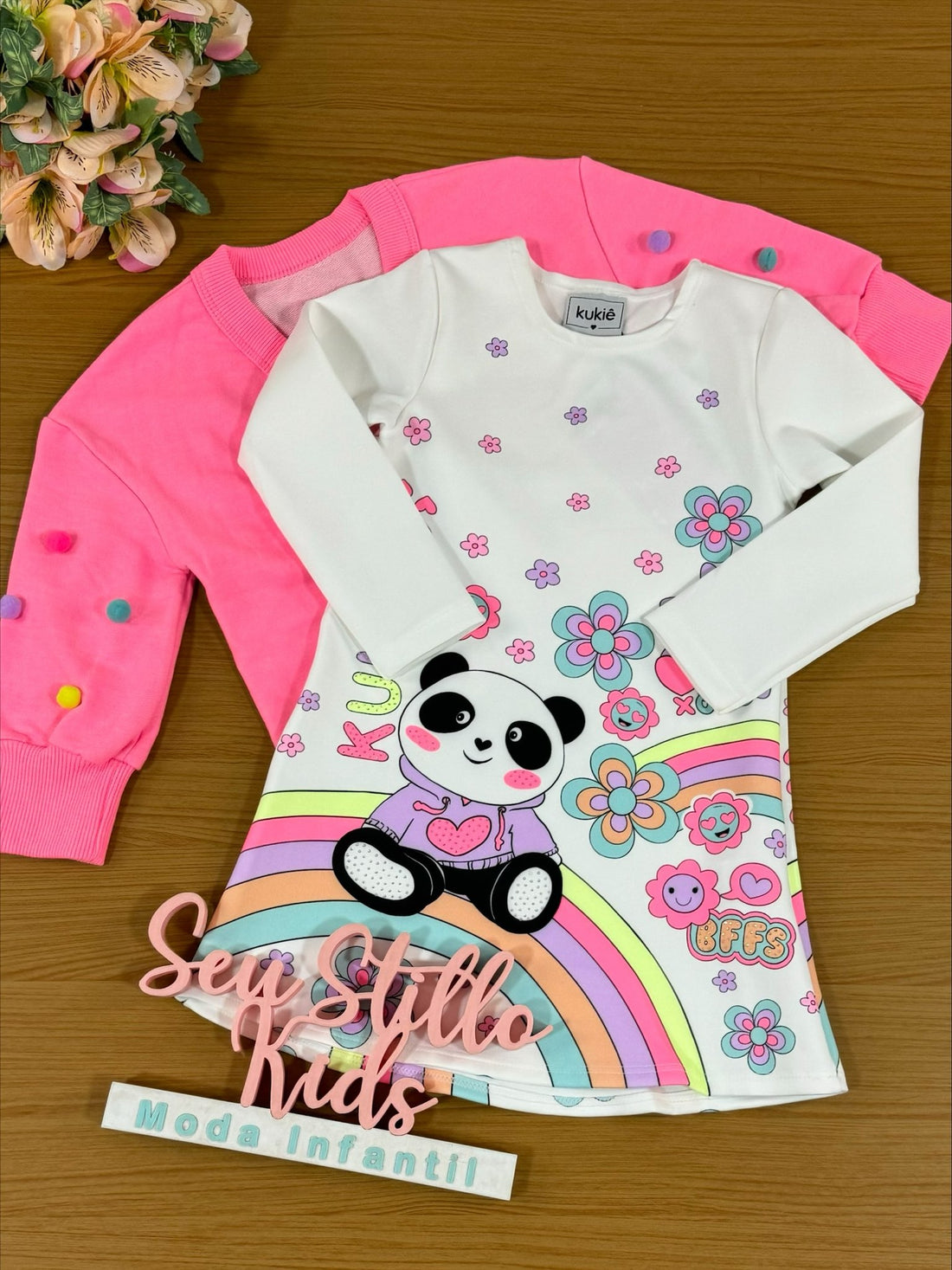 Vestido Infantil Kukie Inverno Branco Panda com Casaco