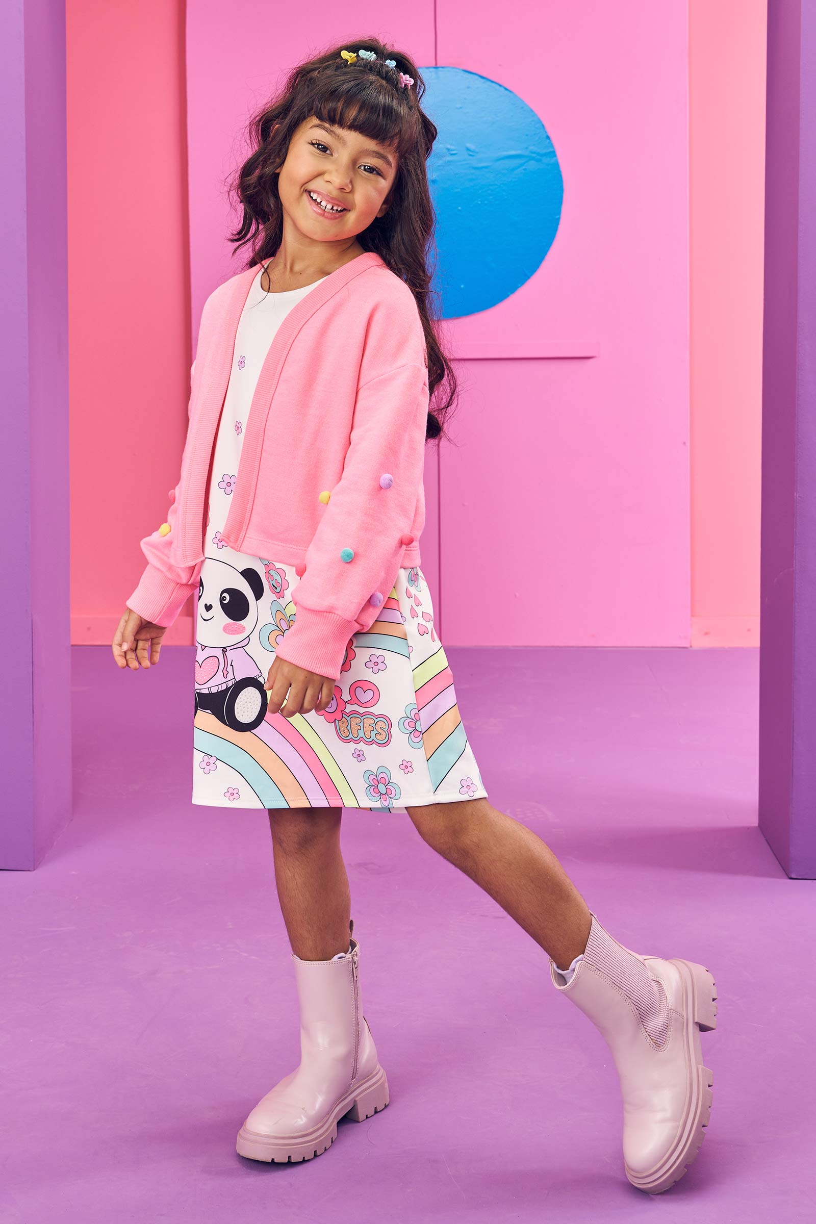 Vestido Infantil Kukie Inverno Branco Panda com Casaco