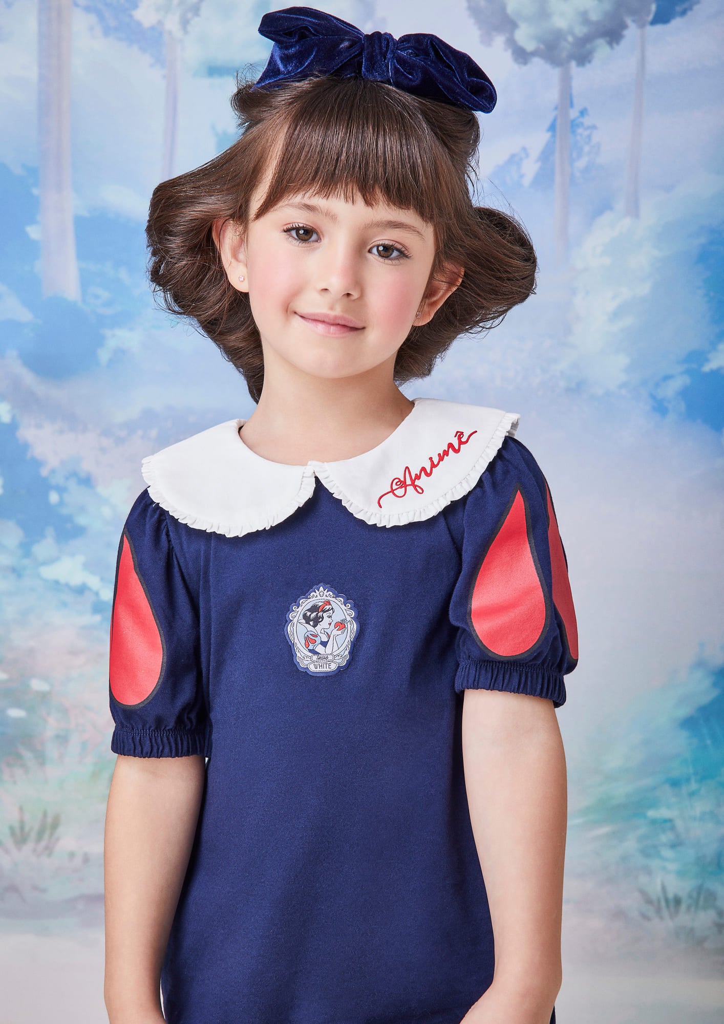 Vestido infantil Animê Manga Curta Azul Marinho Branca de Neve Disney