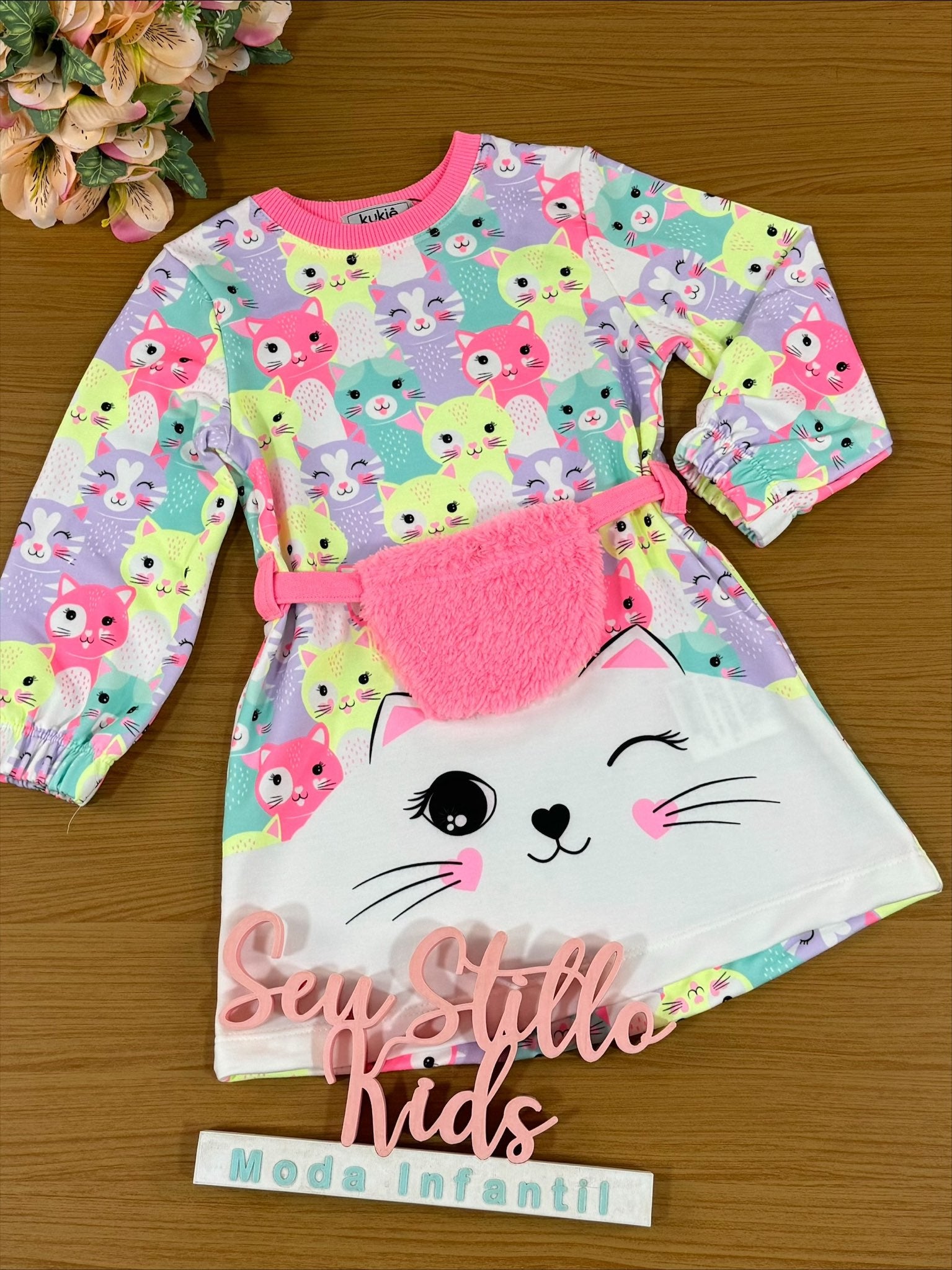 Vestido Infantil Kukie Inverno Gatinho com Pochete